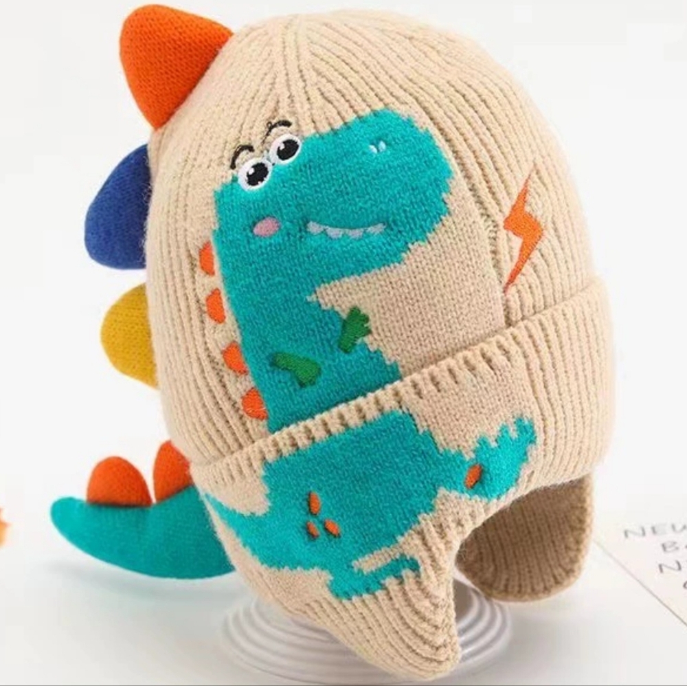 Dino Children 3D Embroidered Dinosaur Knit Hat Beanie Ear Cover Winter Kids Hat